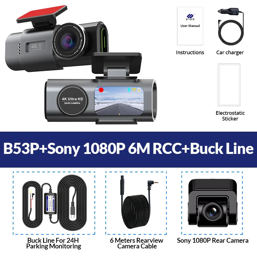 Dash Cam 4K UHD Recording Car Camera DVR Night Vision Video Recorder Built-In Wi-Fi Support Dual Lens GPS 24H Parking