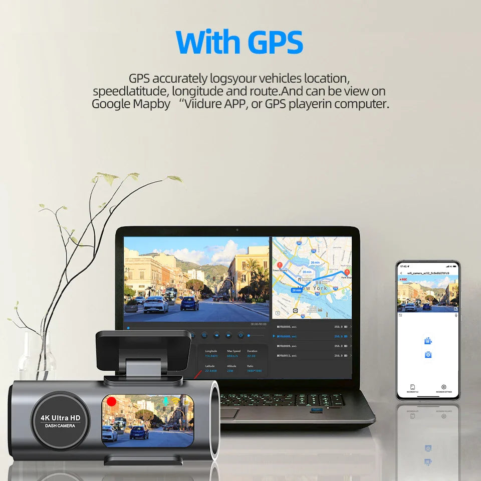 Dash Cam 4K UHD Recording Car Camera DVR Night Vision Video Recorder Built-In Wi-Fi Support Dual Lens GPS 24H Parking