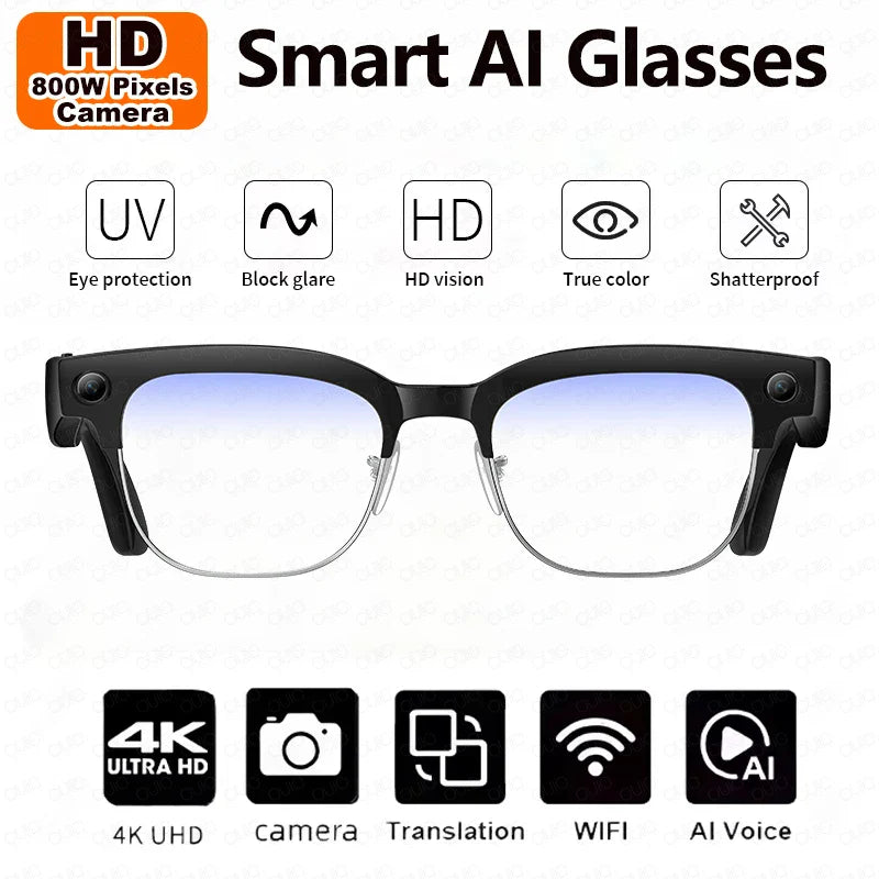 New 4K Glasses AI Smart Glasses With 8MP Camera Video Recording Translation Smart Sunglasses Bluetooth Call Music Play Men Women