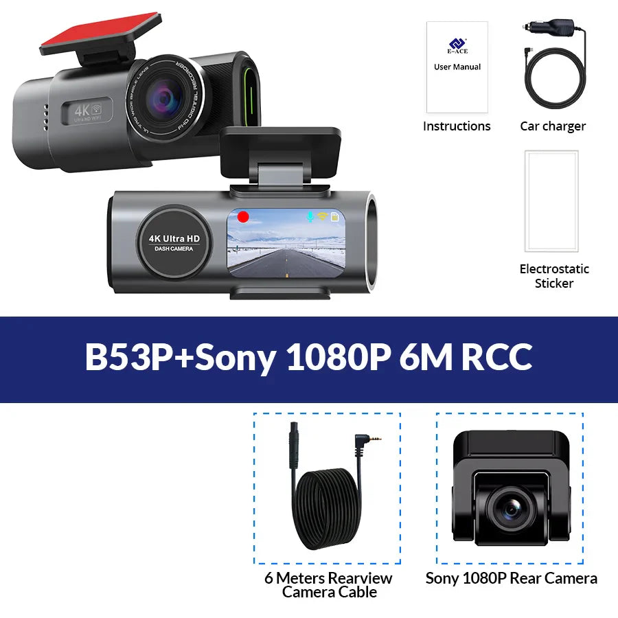 Dash Cam 4K UHD Recording Car Camera DVR Night Vision Video Recorder Built-In Wi-Fi Support Dual Lens GPS 24H Parking